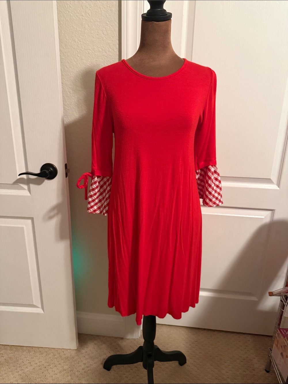 Sweet Claire Red Dress with Gingham Bell Sleeves